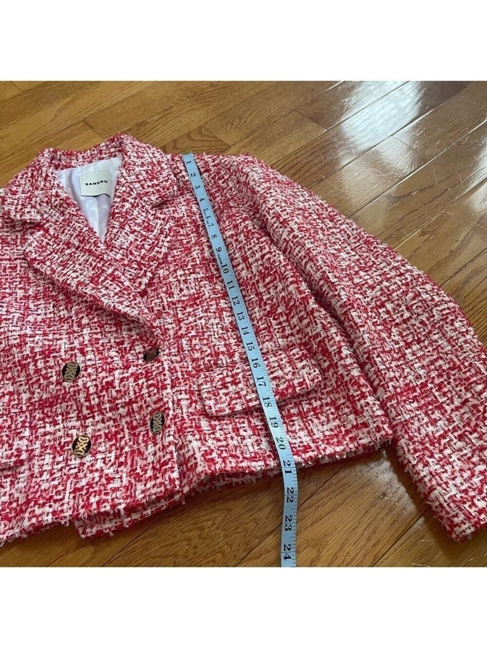 Sandro Cropped Short Tweed Jacket Blazer in Rouge sequins & metallic Sz XL - Picture 12 of 17